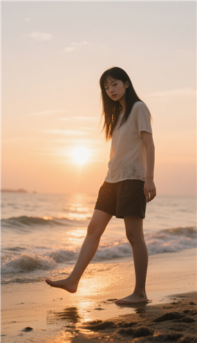 日暮黄昏海边少女踏浪图片